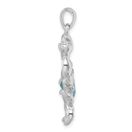 Sterling Silver Aqua CZ Large Crab Pendant