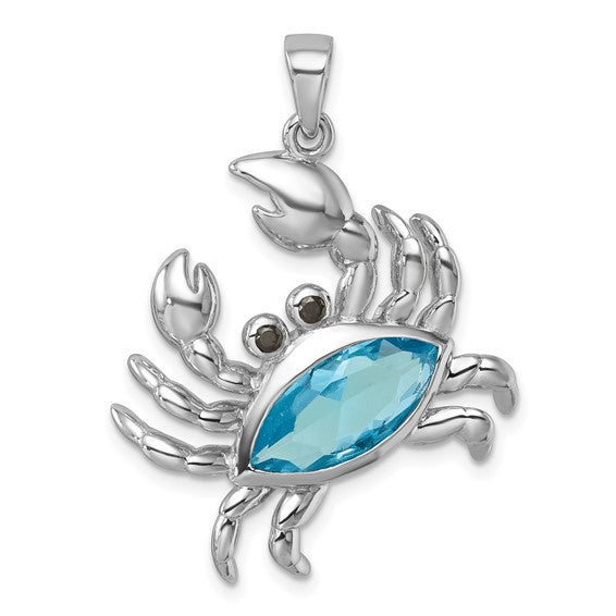 Sterling Silver Aqua CZ Large Crab Pendant